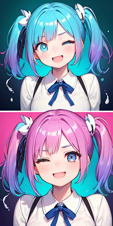 , (colorful fluorescence multicolored hair:1.5,short twintails:1.5), (masterpiece, sidelights, exquisite beautiful eyes: 1.5), masterpieceportrait, realistic, ((Colorful splash background of different colors:1.5)),colorful,3D face,(cute face),front view: 1.6、 (glowing blue eyes),plump face:1.5,(tareme:1.5)、(laugh with your mouth wide open:1.2),(one eye closed:1.5)、Rosy Mouth,Slim Body, shiny hair, shiny skin: 1.5、medium breasts,、solo,(stand)、(high school girl,school uniform)、(charactor focus:1.5、portlate:1.5、eye focus:1.5,upper body),(gradient eyes:1.5)