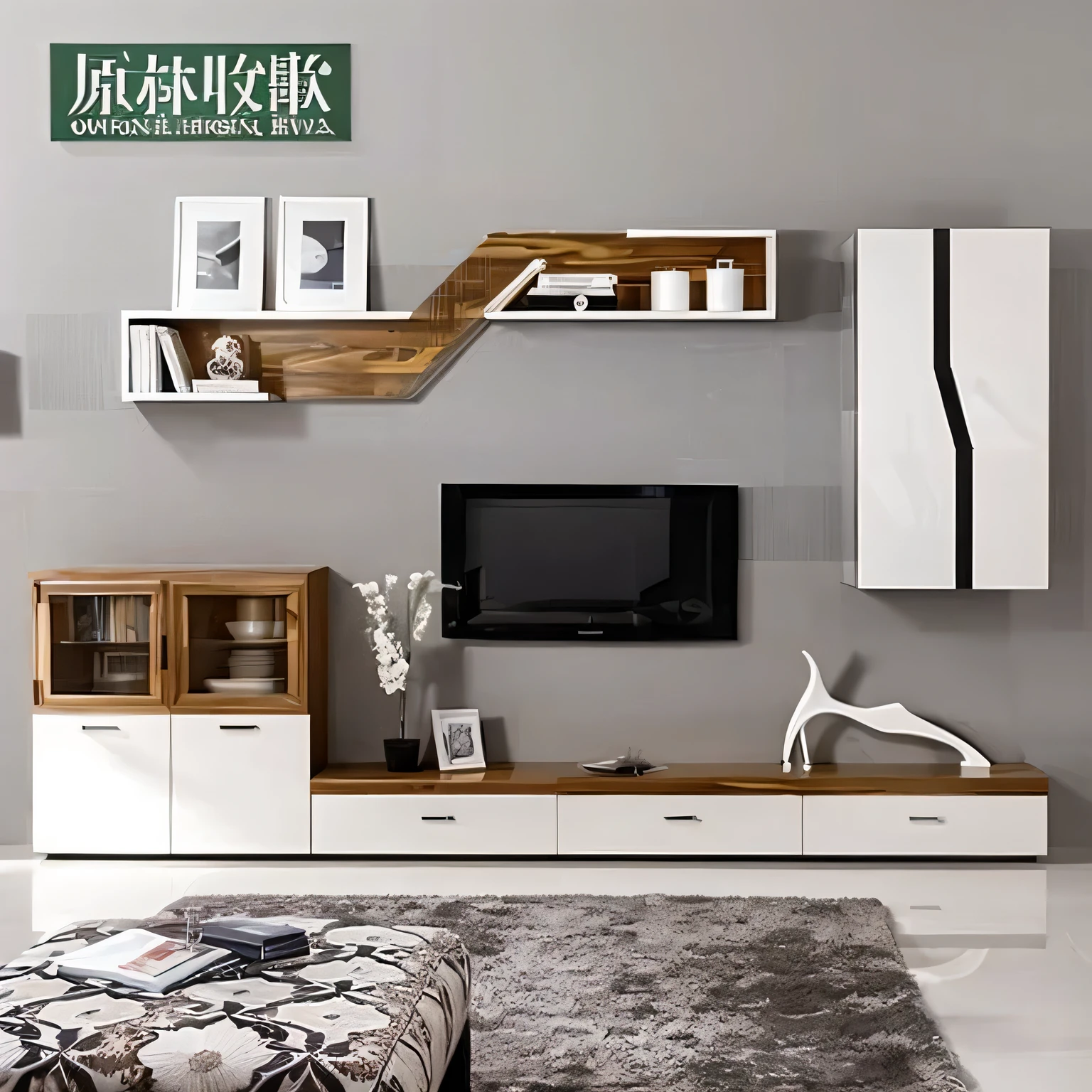 a close up of a television on a wall in a living room, cabinet furniture, designer furniture,  furniture, Popular interior design styles, luxury furniture, modern style, living room wall background, modern gallery furniture, living room, Modern design, modern look, Furniture design, Exhibition hall scene, high quality], elegant furniture, modern and ,  design, living room background