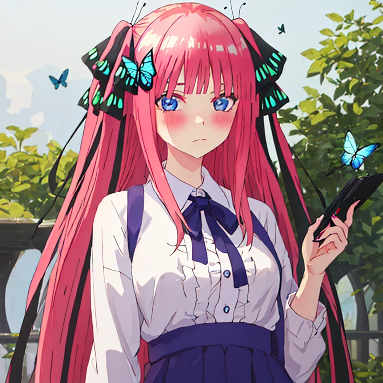 best quality, masterpiece, highres, solo, {nakano_nino_gotoubunnohanayome:1.15}, bangs, pink_hair, blunt_bangs, hair_ornament, butterfly_hair_ornament, ribbon, black_ribbon, blue_eyes, blush, hair_ribbon, twintails, long_hair, 1girl, shirt, white_shirt, looking_at_viewer