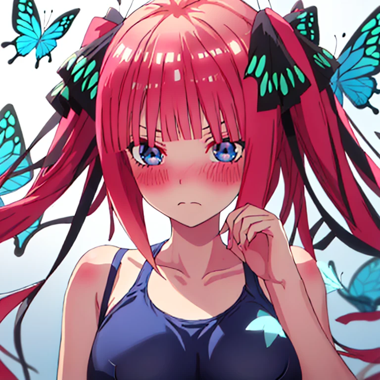 best quality, very aesthetic, Super detailed, best illustration, Dark blue one piece school swimsuit,bangs, pink_hair, blunt_bangs, hair_ornament, butterfly_hair_ornament, ribbon, black_ribbon, blue_eyes, blush, hair_ribbon, twintails, long_hair