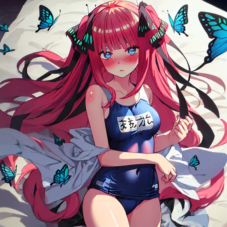 best quality, very aesthetic, Super detailed, best illustration, 1girl, one-piece swimsuit, bangs, pink_hair, blunt_bangs, hair_ornament, butterfly_hair_ornament, ribbon, black_ribbon, blue_eyes, blush, hair_ribbon, twintails, long_hair, nino, full_body