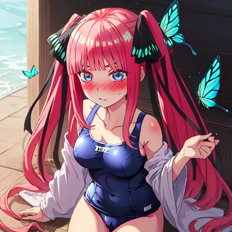 best quality, very aesthetic, Super detailed, best illustration, Dark blue one piece school swimsuit,bangs, pink_hair, blunt_bangs, hair_ornament, butterfly_hair_ornament, ribbon, black_ribbon, blue_eyes, blush, hair_ribbon, twintails, long_hair