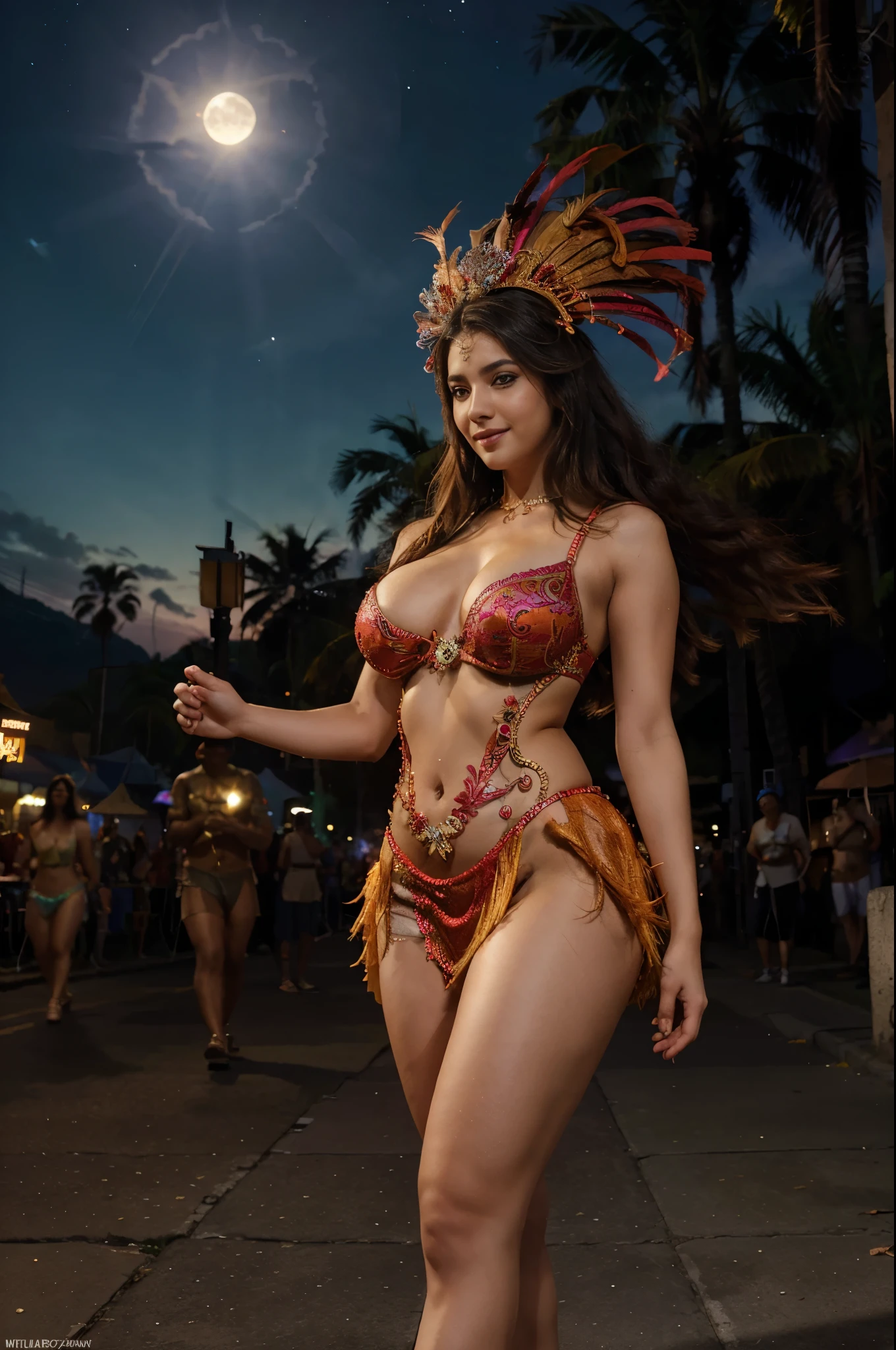 Fantasy setting, bright lights, night scene, rio cranival style, carnival costume, (wearing samba dance dress:1.2), exotic feather costume, cranival parade, outdoor, street background, night sky, romantic and seductive, moonlight, wide angle photo of a Maya Ali, beautiful legs, realistic body parts, cheeks, curvy, big breasts, Hollywood lips, long hair, look at viewer and smile, pleasant mood, calm color palette, vibrant colors, unified 16k wallpaper, ultra realistic, intricate details, masterpiece, (cinematic:1.3), (ArtStation:1.2)