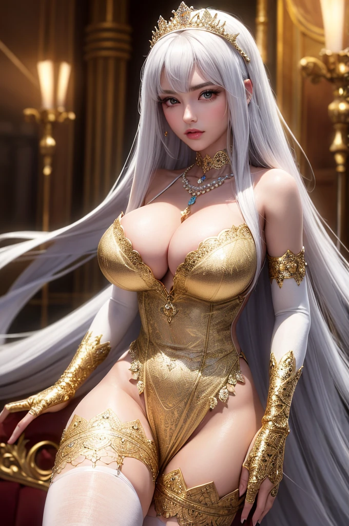 ultra detailed 8k cg, ultra realitsic, masterpiece, spotlight, royal palace, cinematic lighting, cinematic bloom, professional photography, absurdly long hair, very long hair, white hair, divine goddess, huge breasts, breasts out, queen, gorgeous female, lace, lace trim, lace-trimmed legwear, thighhighs, elbow gloves, pearl necklace, gold, jewelry, shiny, glint, diamonds, looking at viewer, serious, formal, epic, grand curtains, indoors