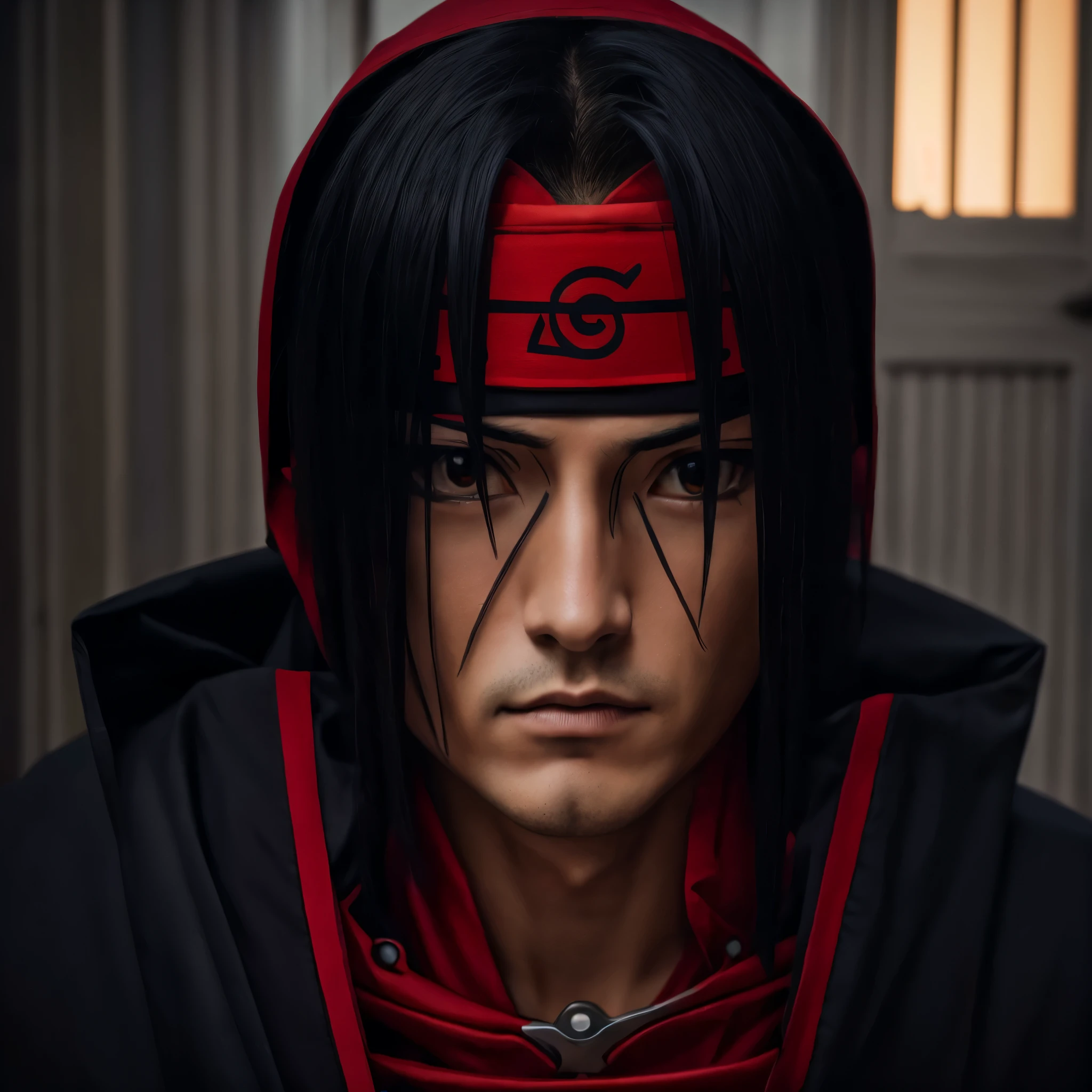 Best quality, 8k, 32k, Masterpiece, Masterpiece, (Photorealistic: 1.4), RAW photo, ultra realistic, 1man, japanese face, real life version, red eyes and black hair in a black cloak, itachi uchiha, itachi, itatchi uchiha,