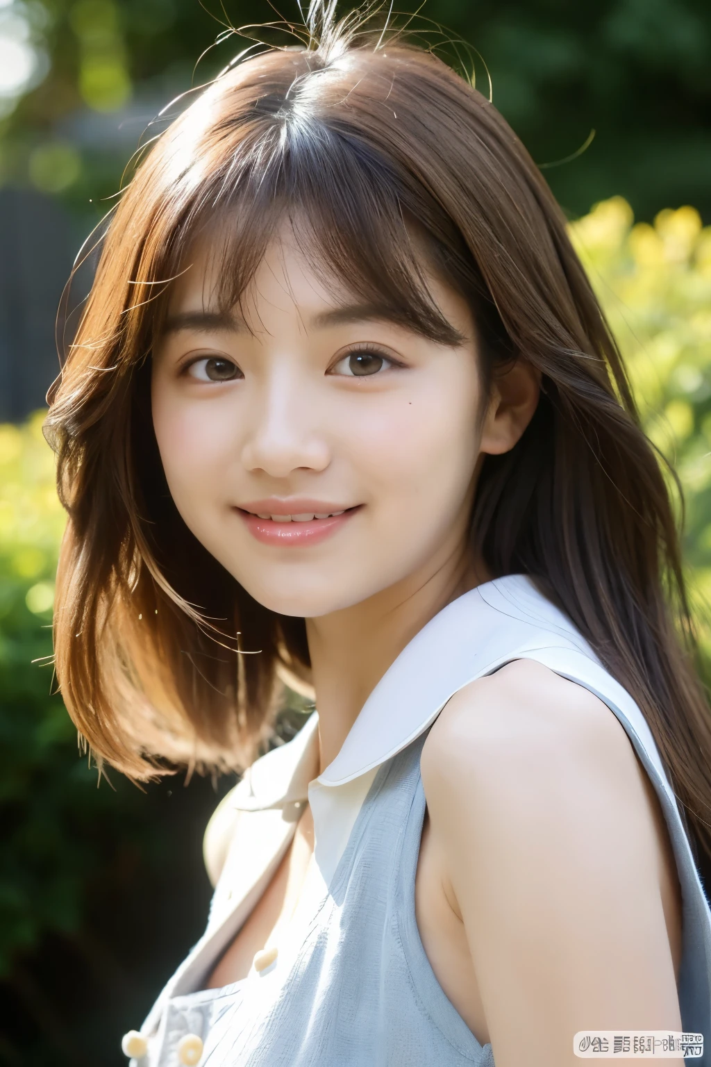 ((highest quality)), ((masterpiece)), (be familiar with), perfect face、Digital portrait of a young East Asian woman。She has shoulder-length light brown wavy hair and、I have bright brown eyes。white blouse with collar、She is wearing a brown sleeveless dress with buttons.。she has a bright smile、looking directly into the camera。The lighting is bright and natural、reminds me of a sunny day。The background is a simple soft focus blue.、Gives an impression of a wide sky。