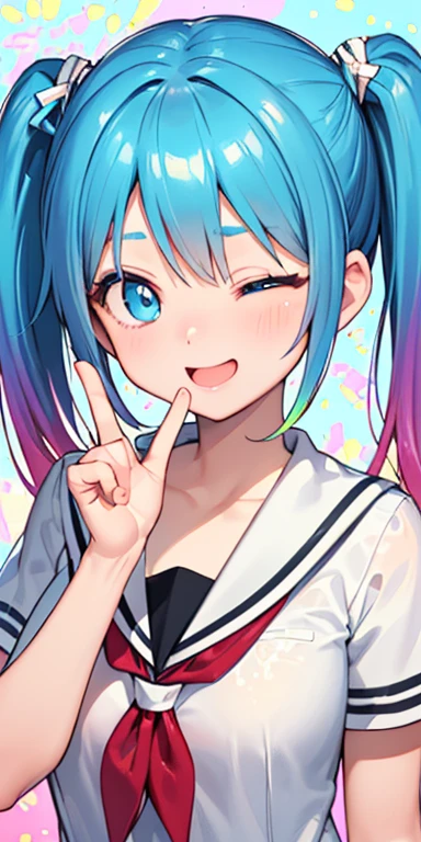 baby face, (colorful fluorescence multicolored  hair:1.5,short twintails:1.5), (masterpiece, sidelights, exquisite beautiful eyes: 1.5), masterpiece*portrait, realistic, ((Colorful splash background of different colors:1.5)),colorful,3D face,(cute face),front view: 1.6、 (glowing blue eyes),plump face:1.5,(tareme:1.5)、(laugh with your mouth wide open:1.2),(one eye closed:1.5)、Rosy Mouth,Slim Body, shiny hair, shiny skin: 1.5、medium breasts,、solo,(stand)、(high school girl,school uniform)、(charactor focus:1.5、portlate:1.5、eye focus:1.5,upper body),(gradient eyes:1.5)