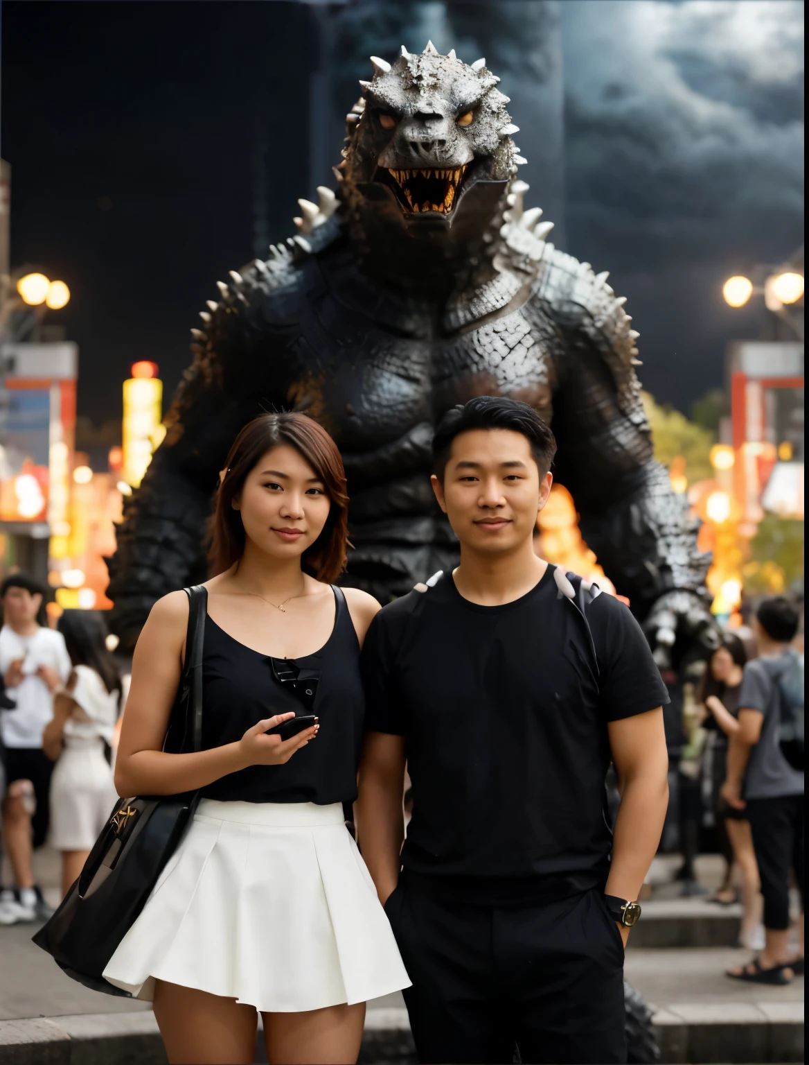 there are two people standing next to a statue of a godzilla, adam and eve(Mayu lora face)versus godzilla, godzilla, taken with canon eos 5 d mark iv, tyler edlin and natasha tan, monsters in the background, jordan grimmer and natasha tan, movie still 8 k, kaiju, zeen chin and terada katsuya, shin godzilla