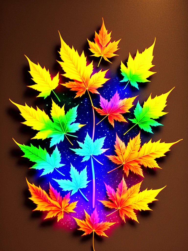 Maple glowing leaves fall from the trees and the wind blows them away, the colors of the shining nebula, vfx film, Marvel art, high-photographic rendering, maple leaves, leaves glow with neon light, leaf fall, rainbow illustration, heavy metal artwork, similar to bifrost