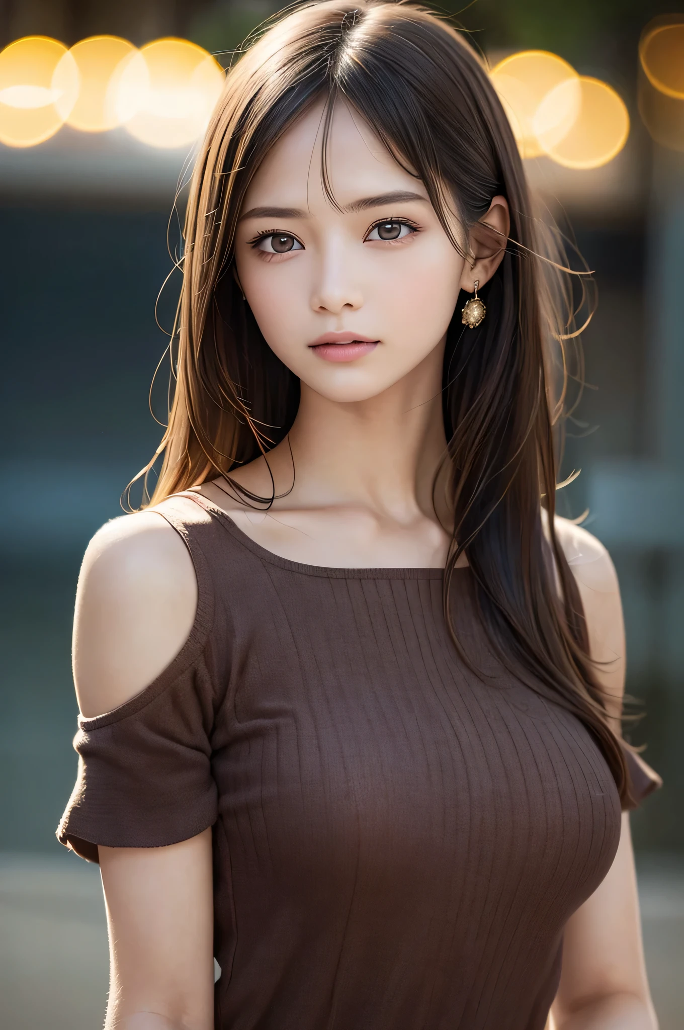 (high resolution, 4k, 8k, ultra-detailed:1.2), (hyper-realistic, photorealistic:1.37), (illustrated), (detailed lighting), (extremely delicate and beautiful), ung girl, brown hair, brown eyes, model, bare shoulders and chest, (best quality), ultra-detailed CG wallpaper in 8k, vibrant color, professional-grade, ((bokeh effect)), depth of field, twilight, sinking sunset.