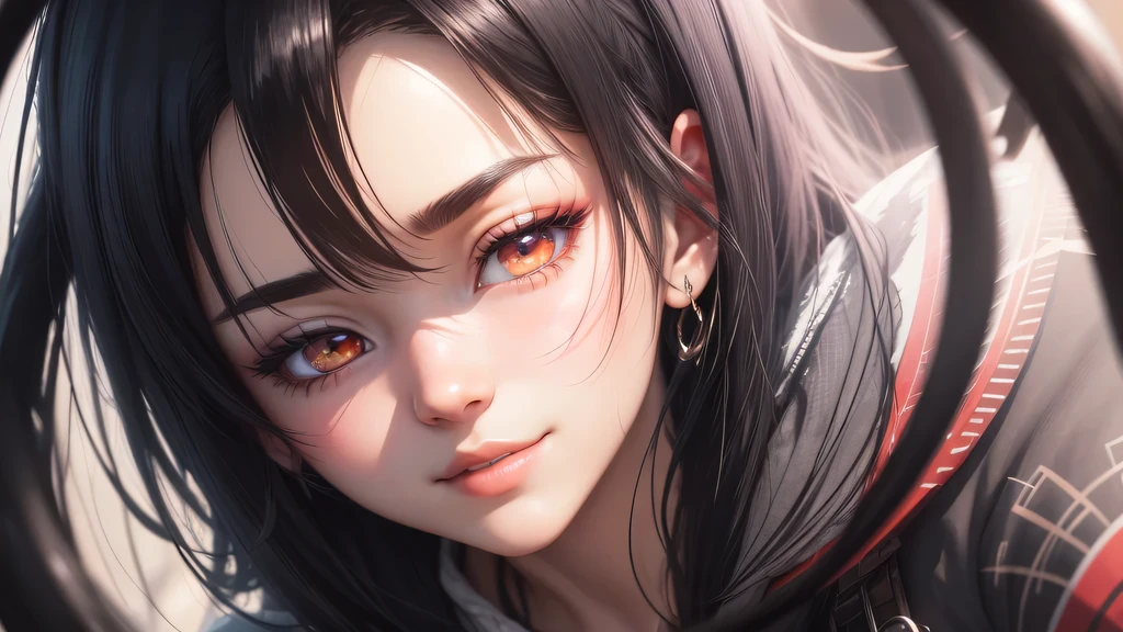 black hair, long eyelashes, solid round eyes, light smile, ear blusher, shadow, Anaglyph, solid, throw, atmospheric perspective, japanese cartoon movies, 8 thousand, super detail, accurate, best quality