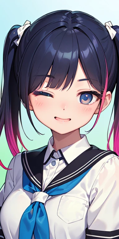 baby face, (colorful fluorescence multicolored hair:1.5,short twintails:1.5), (masterpiece, sidelights, exquisite beautiful eyes: 1.5), masterpiece*portrait, realistic, ((Colorful background of different colors:1.5)),colorful,3D face,(cute face),front view: 1.6、 (glowing blue eyes),plump face:1.5,(tareme:1.5)、(laugh with your mouth wide open:1.2),(one eye closed:1.5)、Rosy Mouth,Slim Body, shiny hair, shiny skin: 1.5、medium breasts,、solo,(stand)、(high school girl,school uniform)、(charactor focus:1.5、portlate:1.5、eye focus:1.5,upper body),(gradient eyes:1.5)
