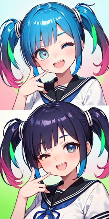 baby face, (colorful fluorescence multicolored  hair:1.5,short twintails:1.5), (masterpiece, sidelights, exquisite beautiful eyes: 1.5), masterpiece*portrait, realistic, ((Colorful splash background of different colors:1.5)),colorful,3D face,(cute face),front view: 1.6、 (glowing blue eyes),plump face:1.5,(tareme:1.5)、(laugh with your mouth wide open:1.2),(one eye closed:1.5)、Rosy Mouth,Slim Body, shiny hair, shiny skin: 1.5、medium breasts,、solo,(stand)、(high school girl,school uniform)、(charactor focus:1.5、portlate:1.5、eye focus:1.5,upper body),(gradient eyes:1.5)