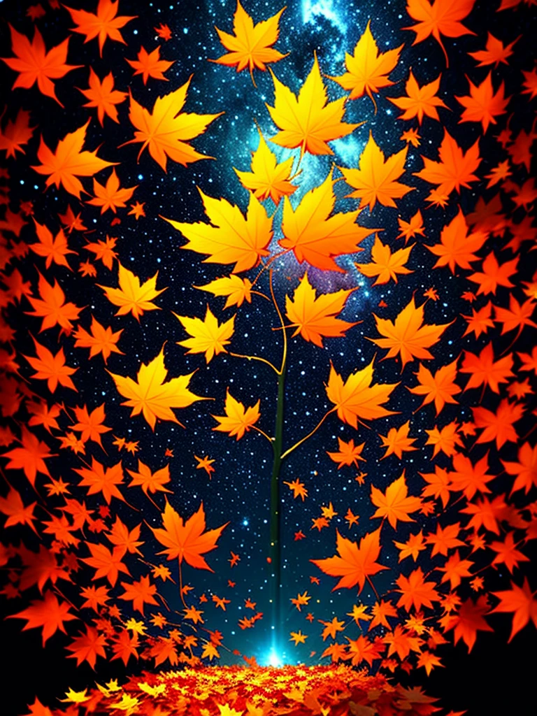 Maple glowing leaves fall from the trees and the wind blows them away, the colors of the shining nebula, vfx film, Marvel art, high-photographic rendering, leaf fall