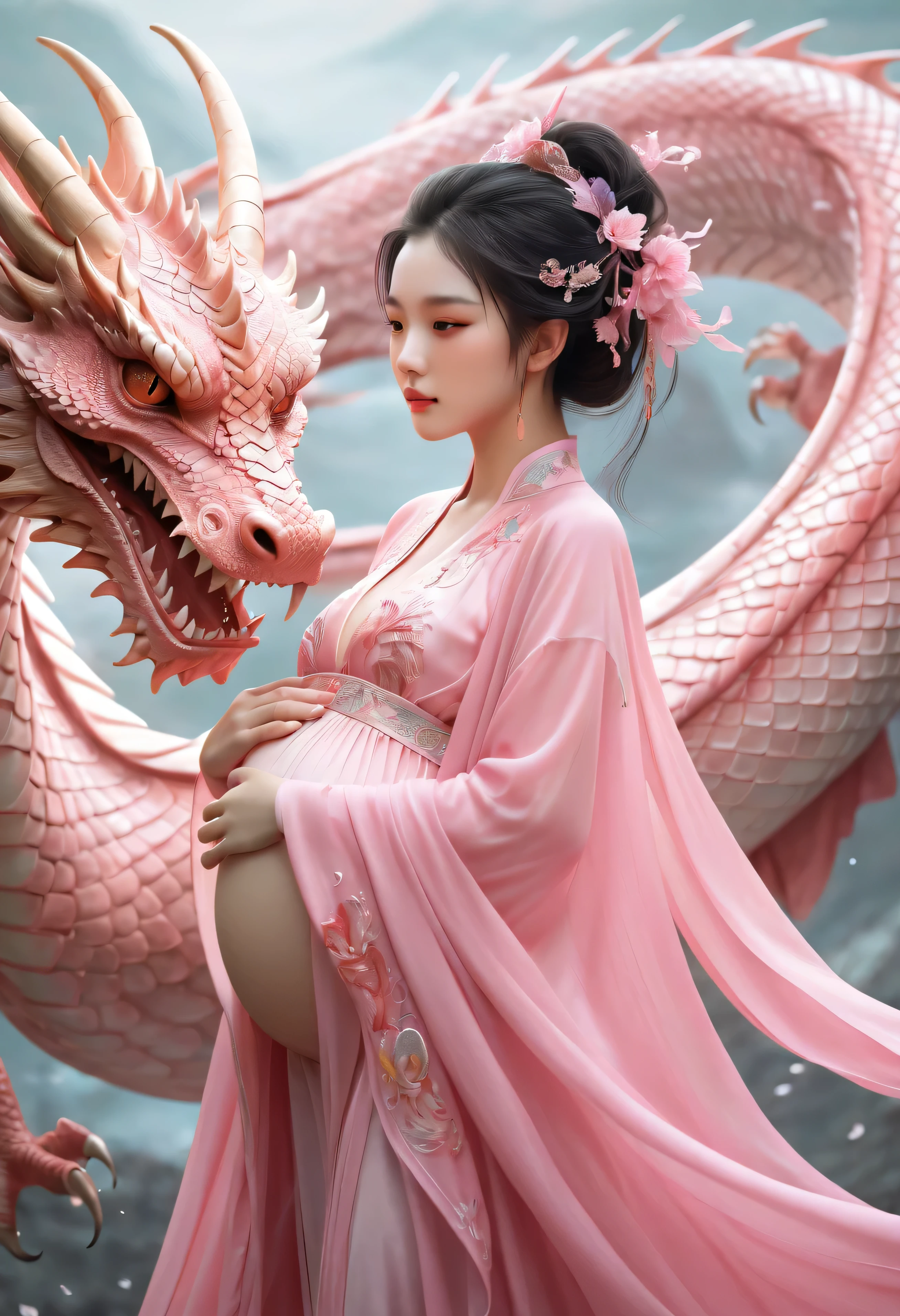 a pregnant woman woman in a pink dress with a dragon on her back, xianxia fantasy, chinese fantasy, beautiful fantasy art, dragon girl, very beautiful fantasy art, amazing fantasy art, beautiful fantasy, fantasy beautiful, digital fantasy art ), human and dragon fusion, breathtaking fantasy art, fantasy art, fantasy art style, soft delicate draconic features