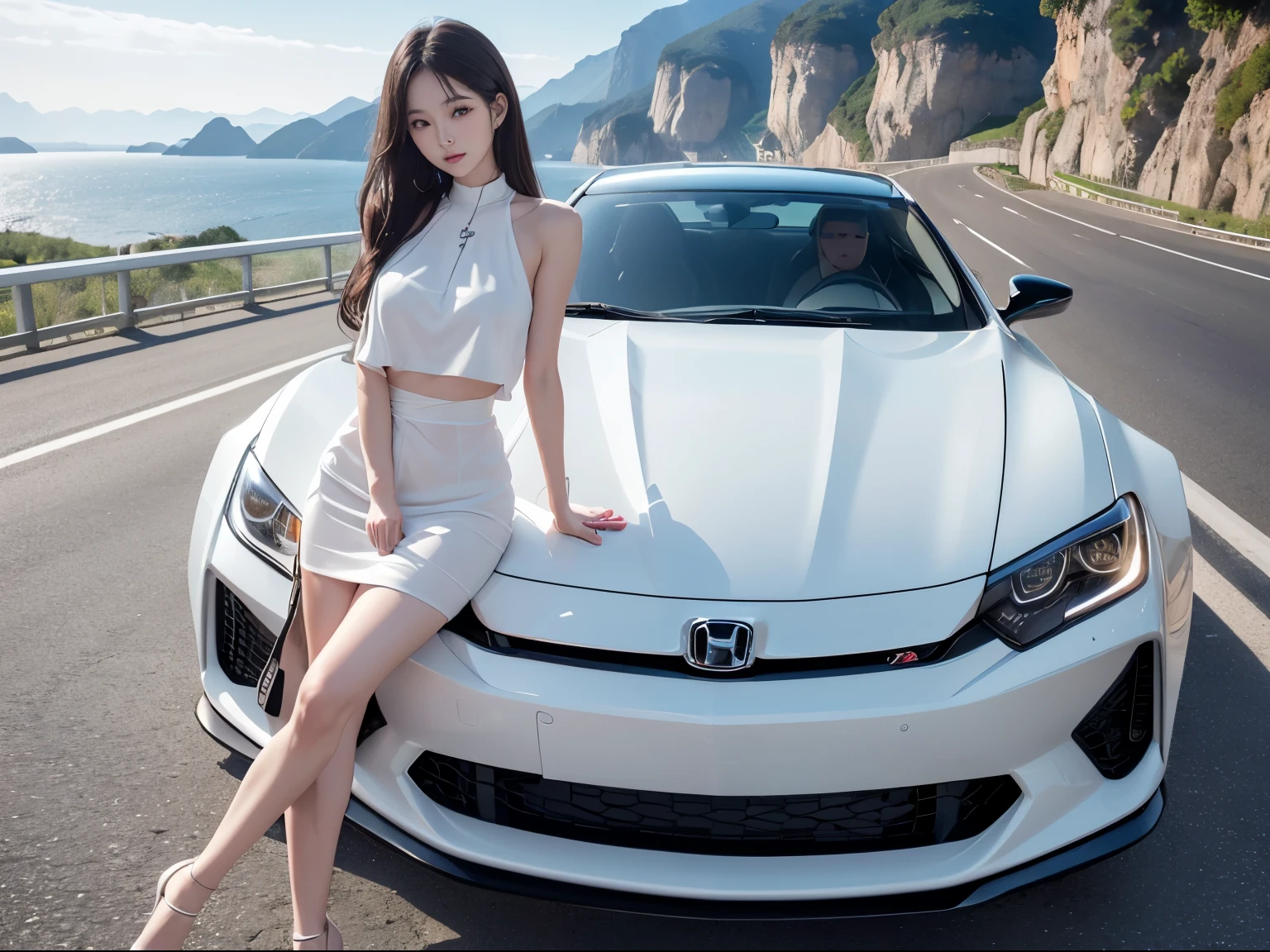 1 female、Slender woman、Competition between beautiful women and sports cars、Super high resolution、Super high quality、8k、Wonderful expression with attention to detail、early summer coastline、A pure white sports car stopped at a mountain pass.Honda Integra 1600RS Sports Coupe