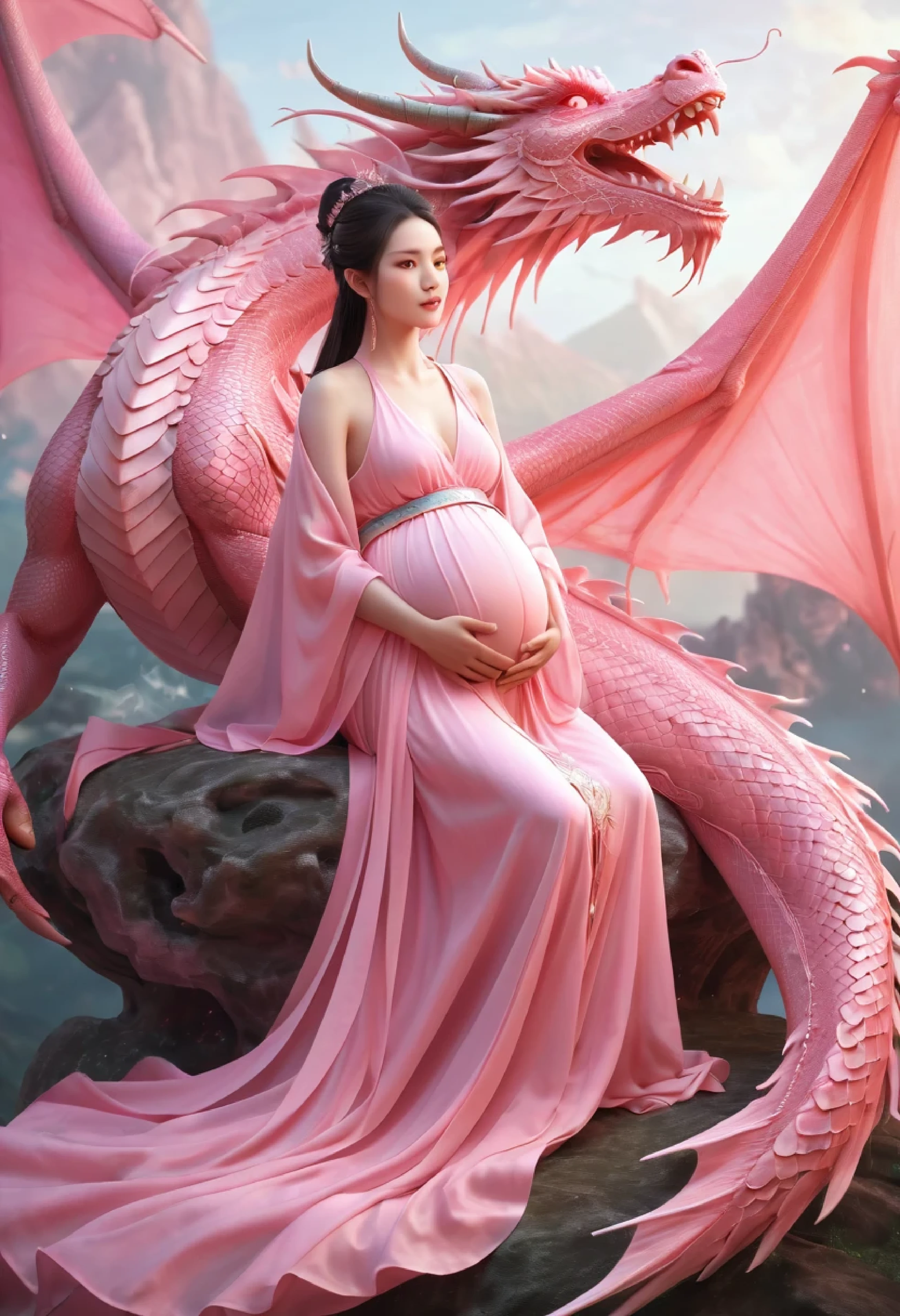 a pregnant woman woman in a pink dress with a dragon on her back, xianxia fantasy, chinese fantasy, beautiful fantasy art, dragon girl, very beautiful fantasy art, amazing fantasy art, beautiful fantasy, fantasy beautiful, digital fantasy art ), human and dragon fusion, breathtaking fantasy art, fantasy art, fantasy art style, soft delicate draconic features