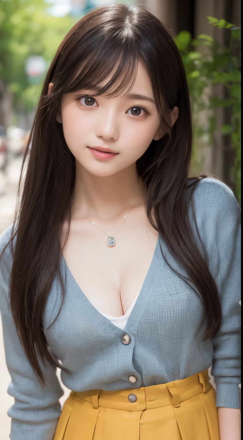 smile、night、Raw photo、(((ultimate beauty portrait)))、((glowing skin))、1 girl、 beautiful girl from Prague、bright look、((brown hair))、(cleavage)、(flare skirt:1.5)、((Big eyes that shine like jewels))、open cardigan、open your clothes、pantyhose、Glossy and glossy skin、(medium hair)、(silky ponytail hair)、( Are standing)、(from below)、Under the skirt、(from below下着の接写)、eyeliner、beautiful bangs、hair between eyes、((masterpiece、最high quality、super detailed、film light、intricate details、High resolution、very detailed))、detailed background、8KUHD、Digital single-lens reflex camera、soft light、high quality、film grain、Fujifilm XT3 、shallow depth of field、natural soft light、Kamimei、rich bust