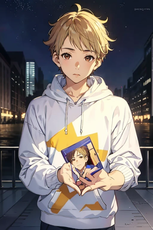 masterpiece, 最high quality, high quality, 1 boy, alone, male focus, looking at the viewer, upper body, Akihito_Kambara, blonde hair, brown eyes, realistic, hoodie、pick up stars、