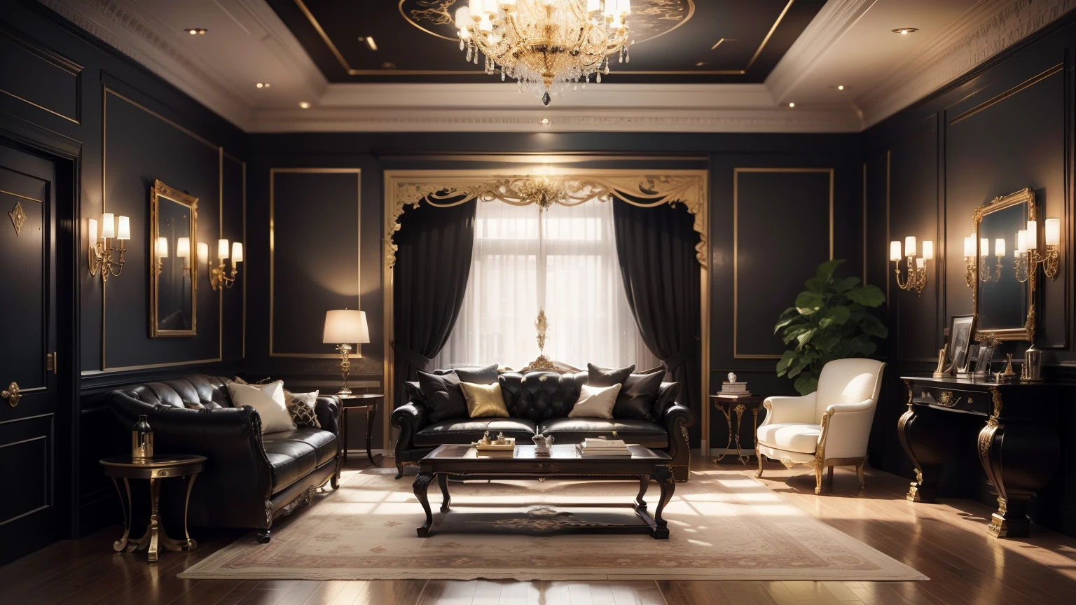 Room, extremely rich, 优质Room设计, Elegant and refined, Rich colors of black and gold, black color scheme, Elegant and gorgeous, Exquisite details, dark and complex, Gothic aesthetics, gold and black color scheme, Gorgeous and elegant, Luxurious environment, Gorgeously decorated, Conceptual compromise, dark and realistic