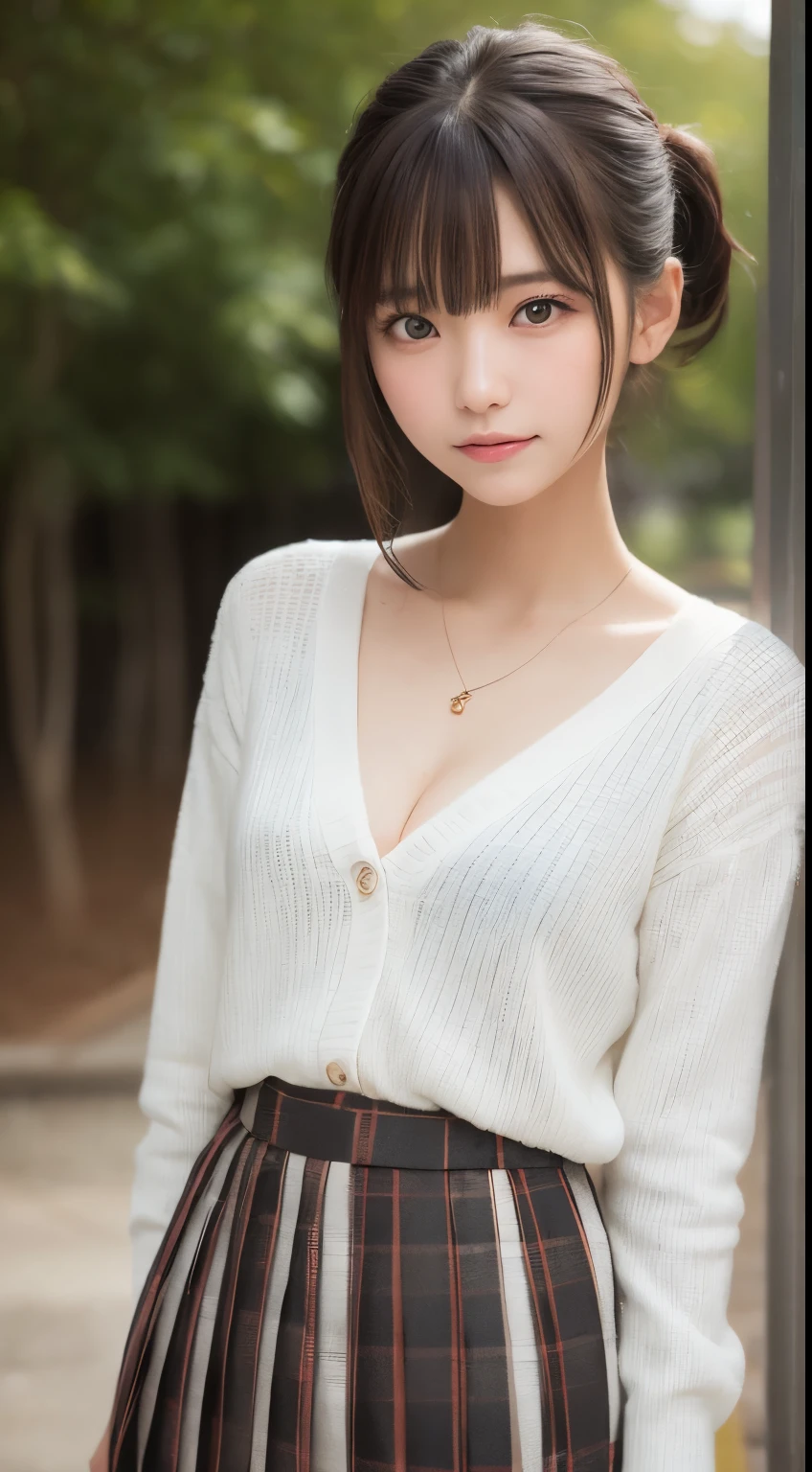 smile、night、Raw photo、(((ultimate beauty portrait)))、((glowing skin))、1 girl、 beautiful girl from Prague、bright look、((brown hair))、(cleavage)、(plaid pleated skirt:1.5)、((Big eyes that shine like jewels))、open cardigan、open your clothes、pantyhose、Glossy and glossy skin、(medium hair)、(silky ponytail hair)、( Are standing)、(from below)、Under the skirt、Under the skirt、(from below下着の接写)、eyeliner、beautiful bangs、hair between eyes、((masterpiece、最high quality、super detailed、film light、intricate details、High resolution、very detailed))、detailed background、8KUHD、Digital single-lens reflex camera、soft light、high quality、film grain、Fujifilm XT3 、shallow depth of field、natural soft light、Kamimei、rich bust