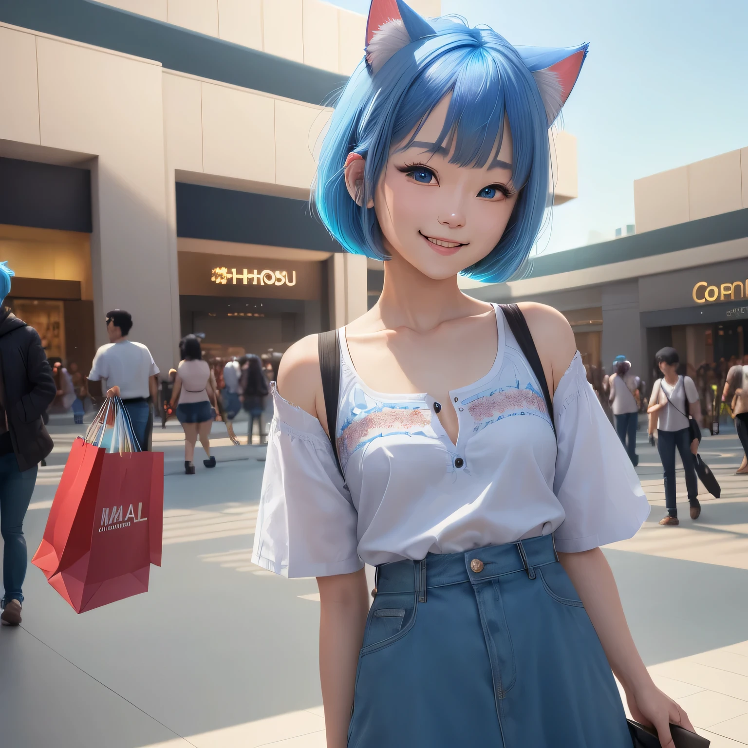 (8k, HDR, RAW photo, best quality, masterpiece:1.2, realistic lighting), medium shot view, korean girl, solo, grinning smile, wearplain blue shirt, blue skirt, (bob cuts hair), ((sky blue hair)), (messy hair), path traced hair, (sky blue cat ears), ((sky blue eyes)), beauty eyes, (thin face), (flat chest), (small breasts), (mall:1.3), go shopping to the mall, look up, upper body.