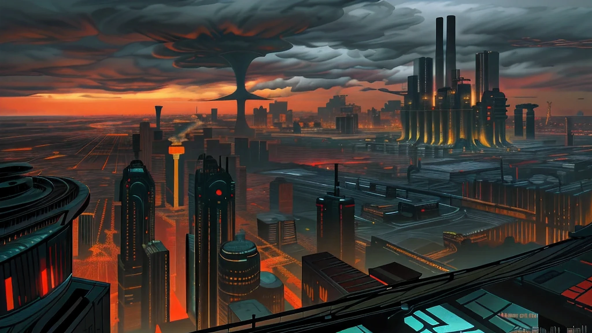 Aerial View，Sci-fi cyberpunk city，steel mill，cloudy day，industrial architecture，masterpiece，best quality，high detail，surreal
