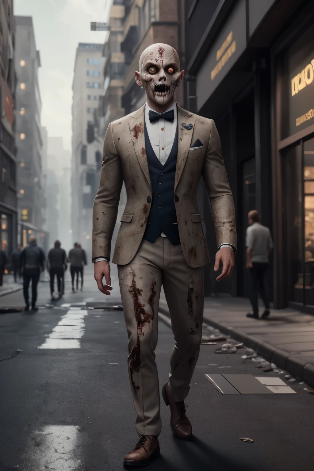 hyper ultra realistic photographs full body of A dapper zombie, dressed in the remnants of a once-fashionable suit, stumbles through a bustling city street. Their face, a mask of decay, remains stoic amidst the chaos, a silent observer of the world they no longer inhabit. ratio 16:9, 4k, 8k resolution, High quality photo, high detailed, imagesharp focus, Cinematic lighting,hyperdetailed & Unreal engine, detail, realism, photography,cinematography, camera NIKON, lens NIKKOR flagship, masterpiece. hyper-maximalism, ultradetailed photorealistic, light skin imperfections, final render, vray