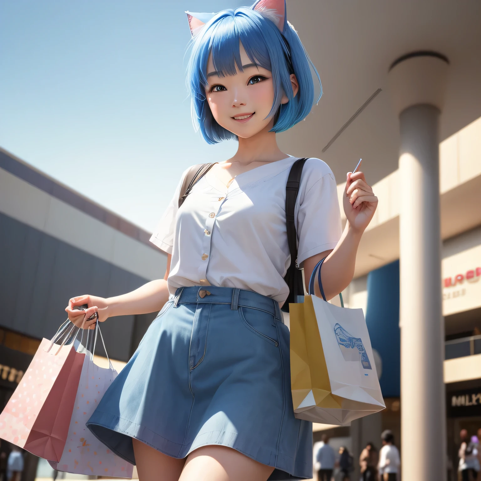 (8k, HDR, RAW photo, best quality, masterpiece:1.2, realistic lighting), medium shot view, korean girl, solo, grinning smile, wearplain blue shirt, blue skirt, (bob cuts hair), ((sky blue hair)), (messy hair), path traced hair, (sky blue cat ears), ((sky blue eyes)), beauty eyes, (thin face), (flat chest), (small breasts), (mall:1.3), go shopping, holding shopping bag, look up, upper body.