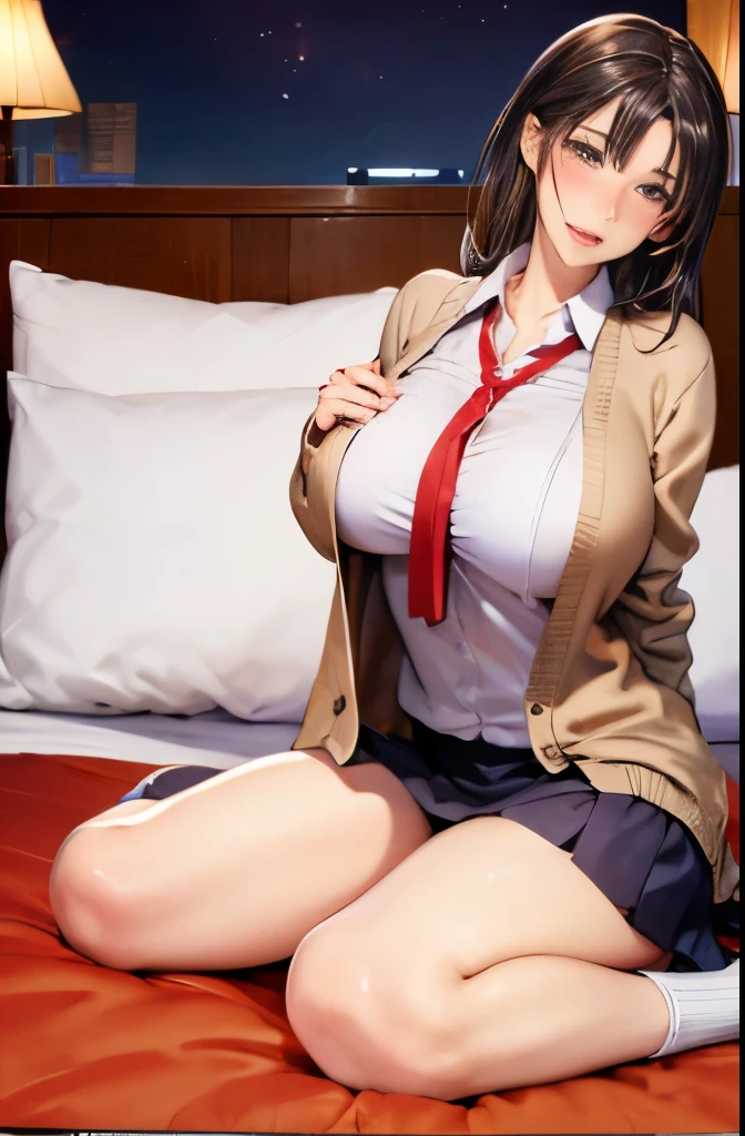 Beauty lying in bed, slender body, super big breasts、(masterpiece, best quality),
1girl, undressing, sitting, wariza, lower body, head tilt, orange juice on table, bottle, plate,
BREAK girl, yo, (lo:1.5), black hair, medium long hair, (straight hair:1.1), (braid:0.8), grey eyes, ultra detailed eyes, (huge breasts:1.1), hanging breasts, (tareme:1.3), smile, nose blush, sleepy, grin, open mouth,
BREAK school uniform, (white collared shirt:1), long sleeves, red neck ribbon, (open cardigan:1), beige cardigan,
BREAK (blue checked skirt:1.1), white socks
BREAK living room, party, night,