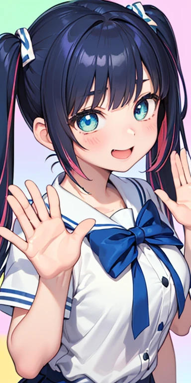 baby face, (colorful fluorescence multicolored hair:1.5,short twintails:1.5), (masterpiece, sidelights, exquisite beautiful eyes: 1.5), masterpiece*portrait, realistic, ((Colorful background of different colors:1.5)),colorful,3D face,(cute face),front view: 1.6、 (glowing blue eyes),plump face:1.5,(tareme:1.5)、(laugh with your mouth wide open:1.2),()、Rosy Mouth,Slim Body, shiny hair, shiny skin: 1.5、medium breasts,、solo,(stand)、(high school girl,school uniform)、(charactor focus:1.5、portlate:1.5、eye focus:1.5,upper body),(waving:1.5)