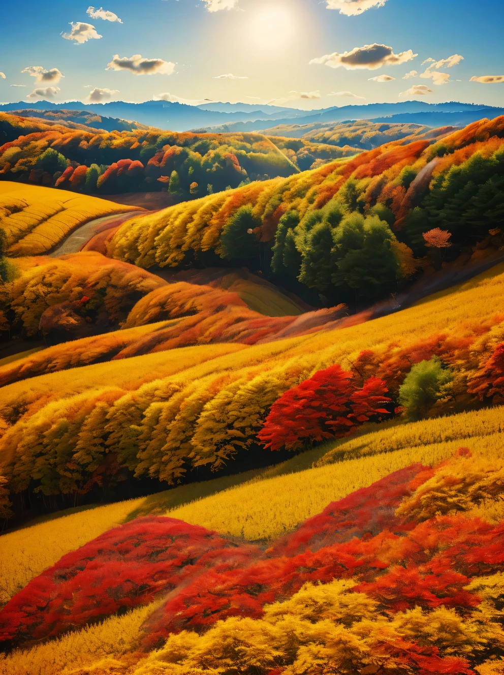 Photos of autumn maple leaves dancing in the wind in Ky all over the sky,it'A different kind of enjoyment,maple leaves like fire,golden rice fields,And the gentle sunshine,a beautiful picture