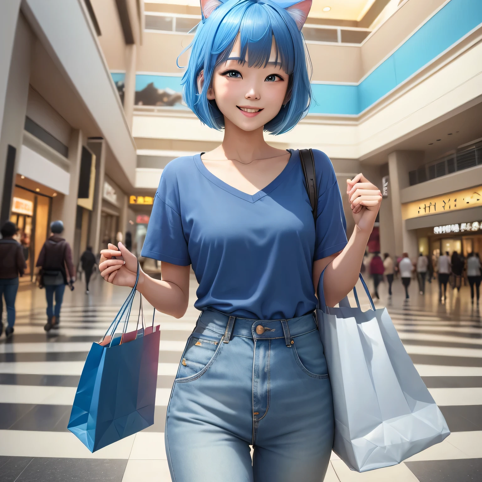 (8k, HDR, RAW photo, best quality, masterpiece:1.2, realistic lighting), medium shot view, korean girl, solo, grinning smile, wear plain blue shirt, jeans, (bob cuts hair), ((sky blue hair)), (messy hair), path traced hair, (sky blue cat ears), ((sky blue eyes)), beauty eyes, (thin face), (flat chest), (small breasts), (mall:1.3), go shopping, holding shopping bag, look up, upper body.