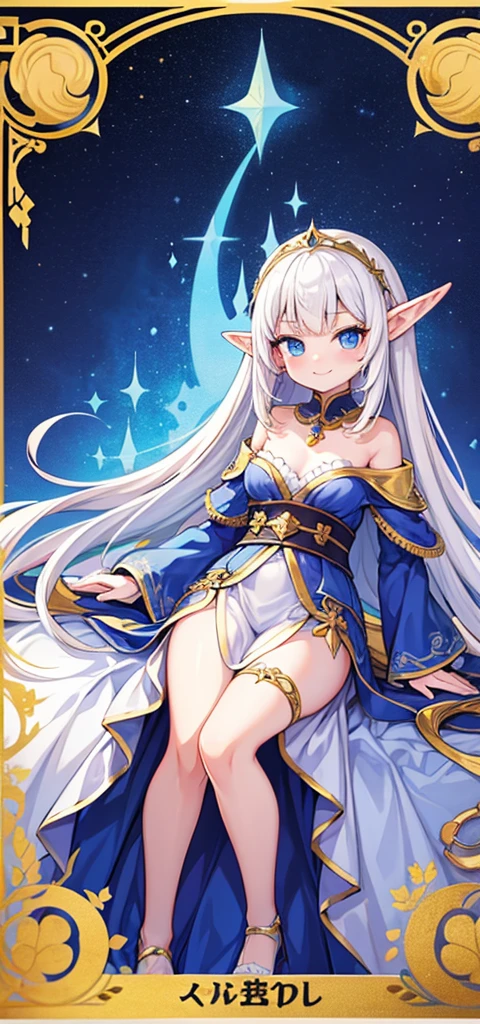 anime - style image of a woman with long white hair and blue eyes, she has elf ears and gold eyes, elven character with smirk, elf girl, a portrait of an elf, portrait of an elf, portrait of an elf queen, an elf queen, elf princess, white haired deity, alluring elf princess knight, portrait knights of zodiac girl