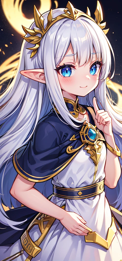 anime - style image of a woman with long white hair and blue eyes, she has elf ears and gold eyes, elven character with smirk, elf girl, a portrait of an elf, portrait of an elf, portrait of an elf queen, an elf queen, elf princess, white haired deity, alluring elf princess knight, portrait knights of zodiac girl