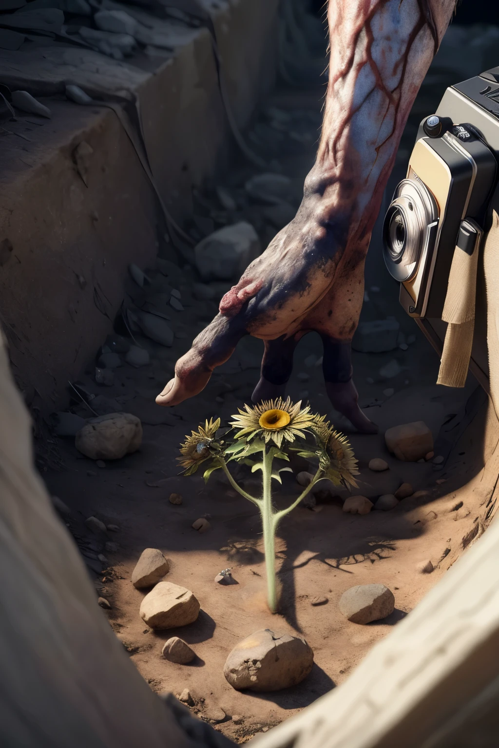 hyper ultra realistic photographs full body of A half-buried zombie hand clutches a wilting sunflower, its bony fingers reaching towards the sun as if yearning for life. The cracked earth around it is littered with faded photographs, remnants of a past the zombie can no longer grasp. ratio 16:9, 4k, 8k resolution, High quality photo, high detailed, imagesharp focus, Cinematic lighting,hyperdetailed & Unreal engine, detail, realism, photography,cinematography, camera NIKON, lens NIKKOR flagship, masterpiece. hyper-maximalism, ultradetailed photorealistic, light skin imperfections, final render, vray