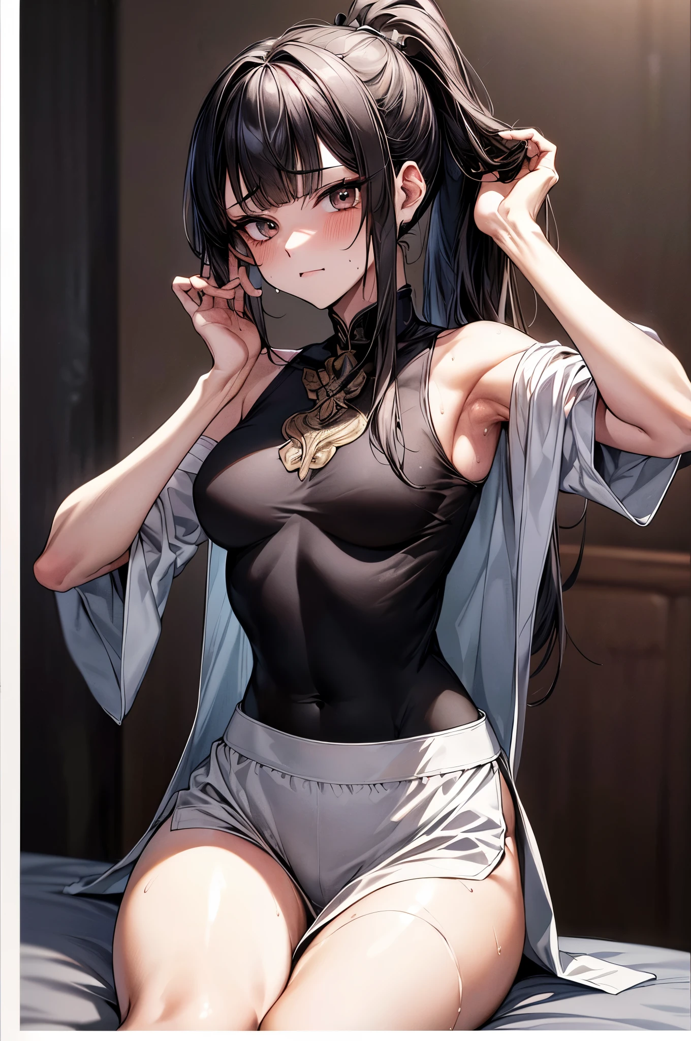 ,(Official art、Best Quality、Unity 8k Wallpapers、32K,masterpiece Best Quality, absurderes, Perfect Anatomy, Unity 8k Wallpapers,best cell anime), Detailed beautiful face and eyes,shoot from front,cowboy shot,(1woman,solo),18歳の美女、日本人、black hair,ponytail:1.2,long hair,blunt bangs,black eyes,恥ずかしげな表情、((小さい頭:1.2、skinny,medium breasts,sweat:1.2)),((ビキニ:1.5)),sitting,和室、日本家屋、