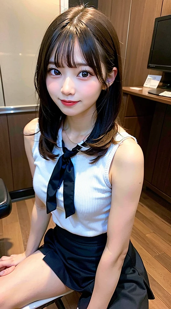 (8K, RAW photo:1.2),detailed face and eyes,最high quality, ultra high resolution, very detailed ,intricate details ,debris flies ,pretty girl , Soft light like a movie, hyper detail,sharp focus, high quality,chest comes out,bob cut,black haired,NSFW, smile, zettai ryouiki, skirt, sit on a chair, spread your legs, show panties、student、panty shot