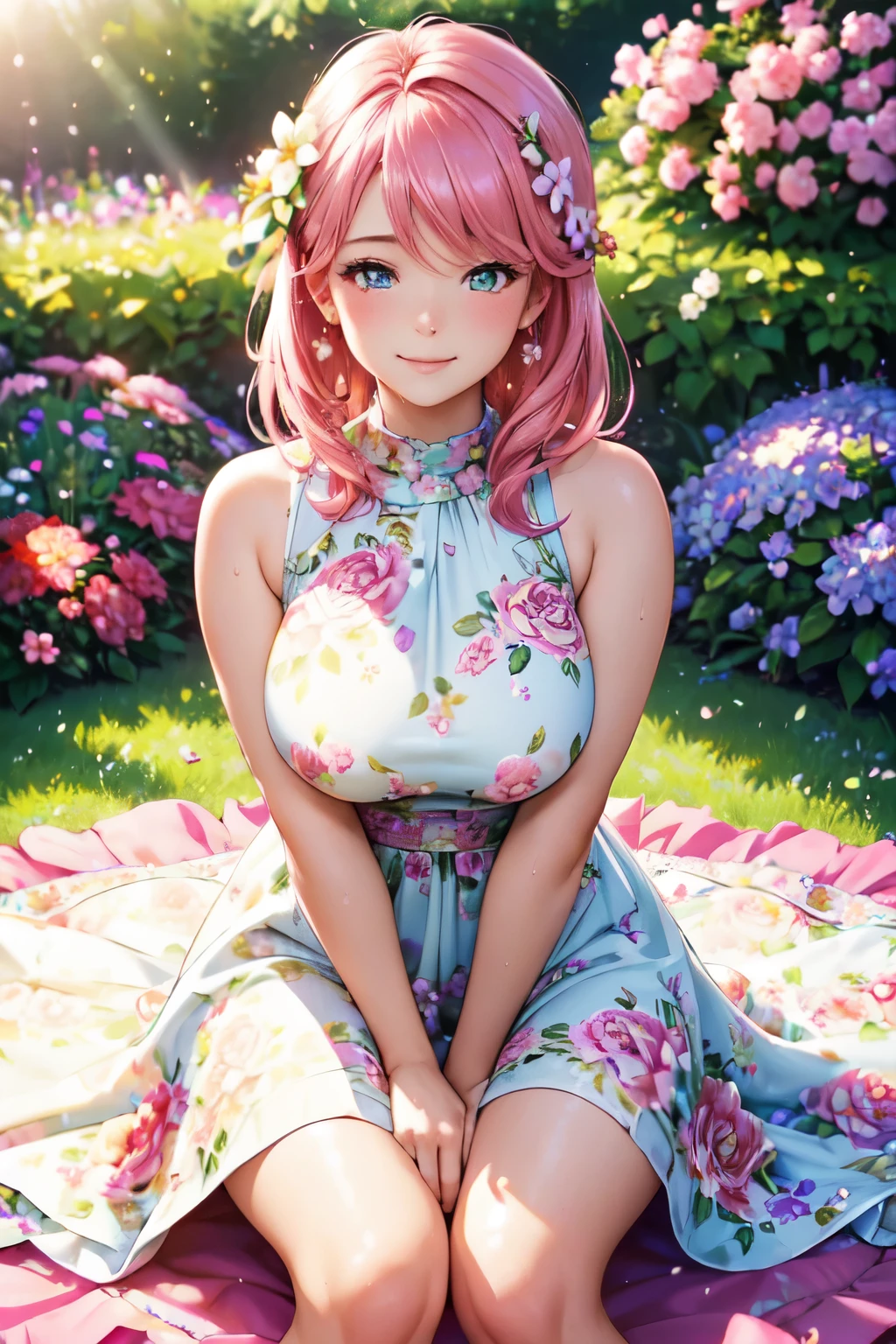 (High quality, High resolution, Fine details), Realistic, summer garden, Woman surrounded by more than 100 flowers, floral patterned dress, solo, curvy women, pink hair, sparkling eyes, (Detailed eyes:1.2), smile, blush, Sweat, Oily skin, shallow depth of field, bokeh, colorful palette, soft sunlight, dynamic perspective, bright and vivid color gradient
