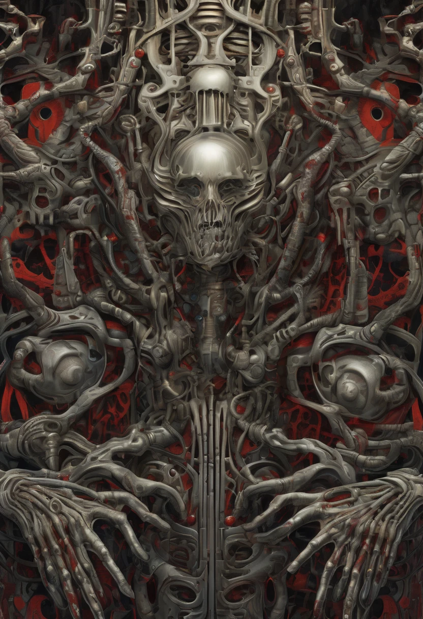 A nightmarish gorepunk cyborg creature, amalgamated with human and mechanical parts, visceral and grotesque, wires and tubes protruding from torn flesh, twisted metal merging with bone, a grotesque visage with glowing, malevolent eyes, Illustration, digital art, focusing on high detail and contrast to emphasize the horror, real physical proportions, monstrous, detailed body, gorgeous, anime style, realistic, realistic photo, model, menacing, masterpiece, high quality, highres, breakcore,