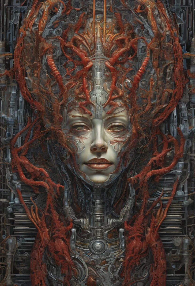 In the chilling, biomechanical style of H.R. Giger, a chubby woman with voluptuous curves emerges from the shadows. Sinewy tendrils intertwine with her skin, merging the organic with the mechanical in a disturbing fusion. The eerie glow of bioluminescent hues illuminates her form, casting stark shadows and enhancing the sense of otherworldly horror. Every detail is rendered with meticulous precision, from the intricate patterns etched into her skin to the grotesque machinery that seems to pulse with a life of its own. Despite her vulnerability, there is a haunting beauty to her form, a strange allure that draws the viewer in even as it repels. This digital artwork pays homage to H.R. Giger's iconic aesthetic, evoking a sense of awe and unease in equal measure. It invites viewers to confront their deepest fears and desires, exploring the boundary between the human and the inhuman, the organic and the artificial. In the world of H.R. Giger, beauty and horror coexist in a balance