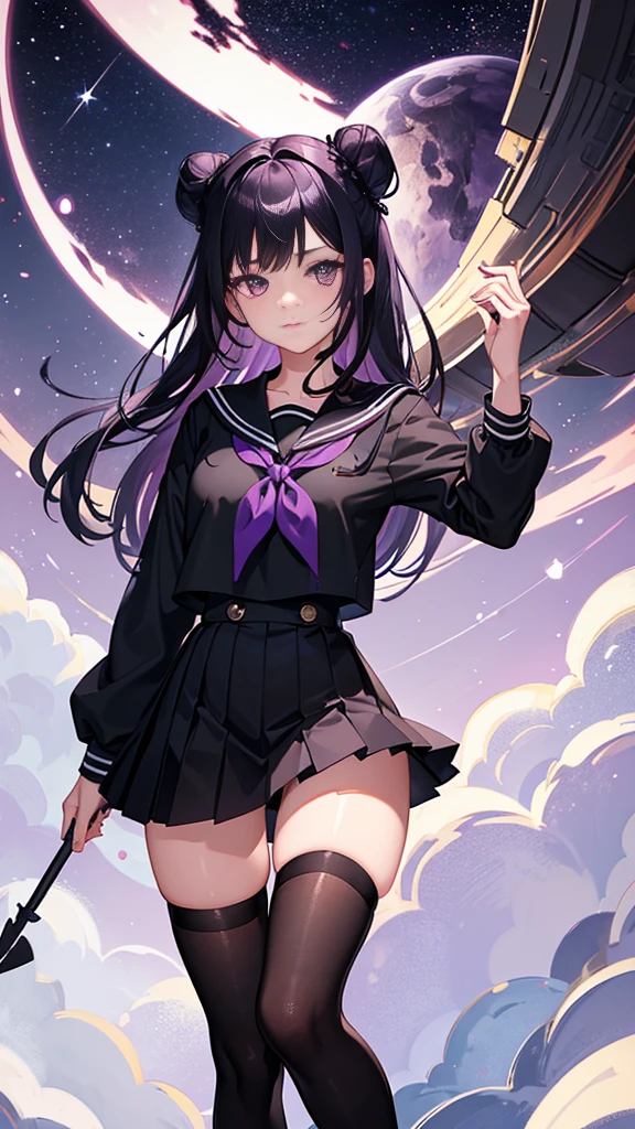 young girl, long dark purple or black hair, purple eyes, black school uniform,sailor suit、thighs,knee high socks,short sleeve, masterpiece, high quality, High resolution, HD, 4k、thighsから上のカット、beautiful eyes、bun hair、