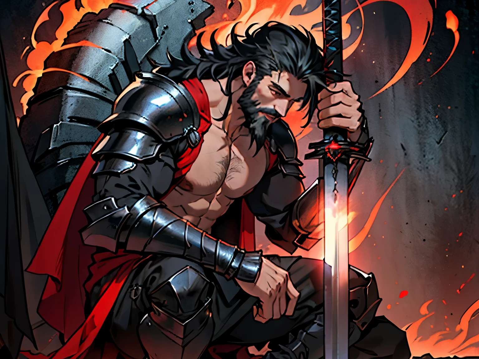 A man, a beard, long black hair, black arm armor, bare chest, leg armor, an old cloth covering his waist up to his knees, a red flame aura around him, holding a fantasy greatsword in his right hand, ((High quality), 4K, ((High detail))