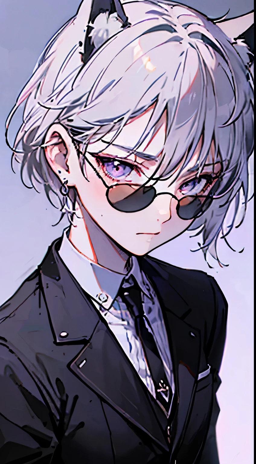 suspiciously beautiful young man, purple big eyes, petite and slender、 ((silver hair,)),(braided hair), In 8K, top quality, (highly detailed head: 1.0), (very detailed face: 1.0), (highly detailed hair: 1.0),((black host suit))、 (sunglasses)、black earrings, wolf ears、Detailed official artwork, anime moe art style, clean detailed anime art,sex appeal