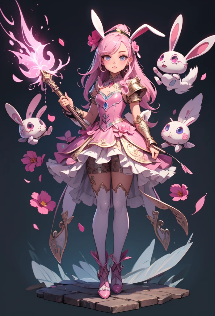 (detailed illustrations,Very detailed and precise drawing,Delicate drawn lines with tempo,Realistic texture expression),[color traced main line],(fantasy world battlefield [burning castle]),(GIRL ROBOT 12yo (pink rabbit [METALFACE[lenticular iris]])) [WEAPON MACHINE],(([petal] metal dress [frills]) [flower pattern] [Clear pink translucent armor that covers the body surface]) [ribbon]) [Energy tubes that glow at the joints],[use a sledgehammer as a weapon],[[Mobile Weapon Gigant Size][science fiction mechanical]],(Metallic luster on metal parts),(intricate and beautiful decoration [Dense detail]),(Precisely drawn face)[perfect eye details(Beautifully detailed iris)[eyes like jewels]],[long and beautiful eyelashes],[precisely drawn hair [Beautiful and shiny hair details]],(perfect hand details [Beautiful fingers with no damage [beautiful nails]]),(perfect anatomy(perfectly balanced proportions))[[full body portrait]],[ideal color coordination(Accurate simulation of light and material interactions)],[Visual art that tells a story].
