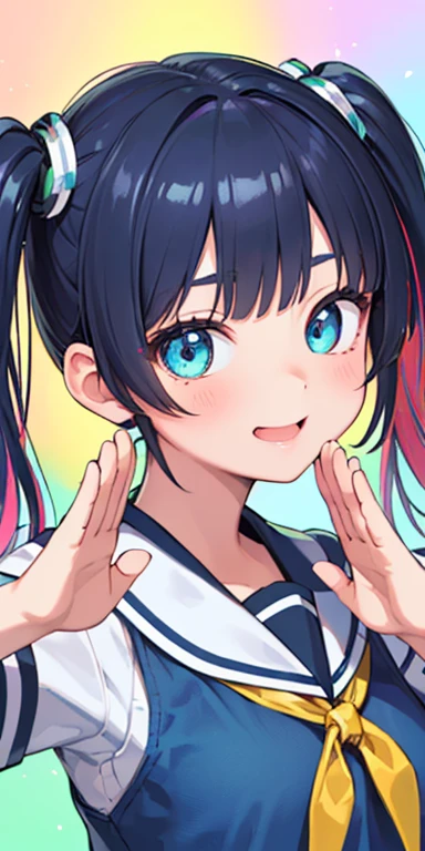 baby face, (colorful fluorescence multicolored hair:1.5,short twintails:1.5), (masterpiece, sidelights, exquisite beautiful eyes: 1.5), masterpiece*portrait, realistic, ((Colorful background of different colors:1.5)),colorful,3D face,(cute face),front view: 1.6、 (glowing blue eyes),plump face:1.5,(tareme:1.5)、(laugh with your mouth wide open:1.2),()、Rosy Mouth,Slim Body, shiny hair, shiny skin: 1.5、medium breasts,、solo,(stand)、(high school girl,school uniform)、(charactor focus:1.5、portlate:1.5、eye focus:1.5,upper body),(salute:1.5)
