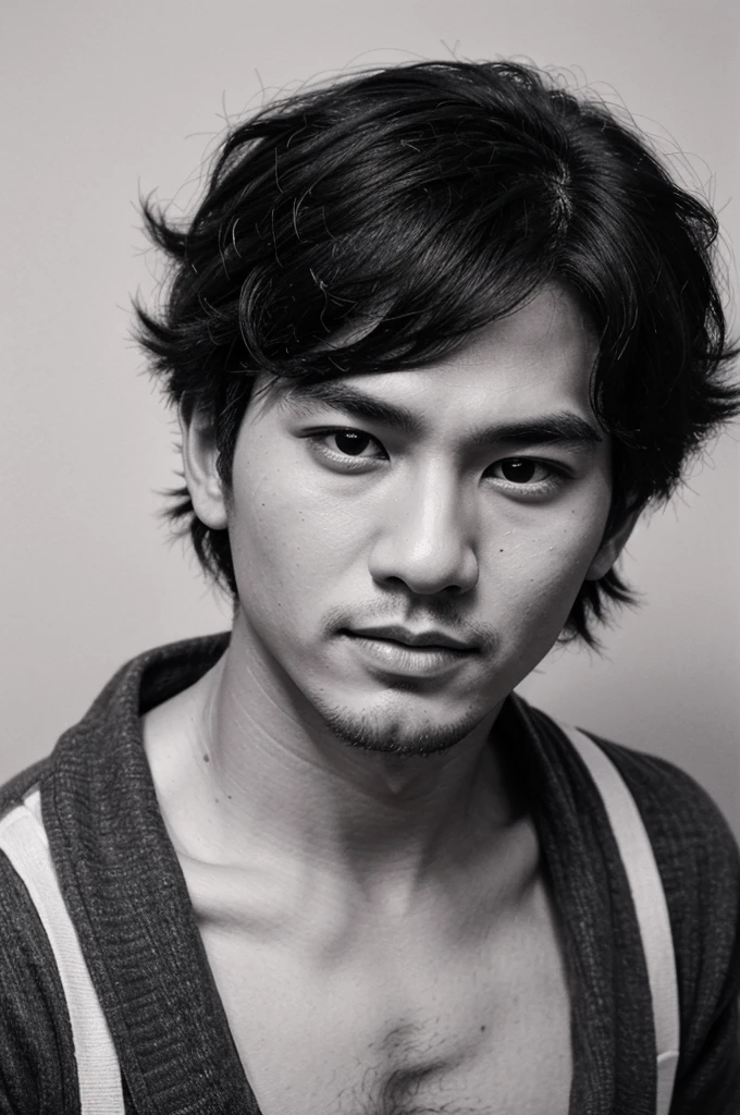  charcoal portrait sketch drawing,   asian fashionable man, round face，curly hair,  black & white , full white background artistic, more pastel effect