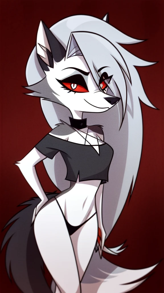(Vivziepop style), anthro, canid, canid demon, demon, female, hellhound, helluva boss, instagram, (loona), mammal, midriff, official art, red sclera, safe content, shoulderless shirt, solo, long grey hair, (by vivzmind), sexy naked, голая грудь, маленькие сиськи