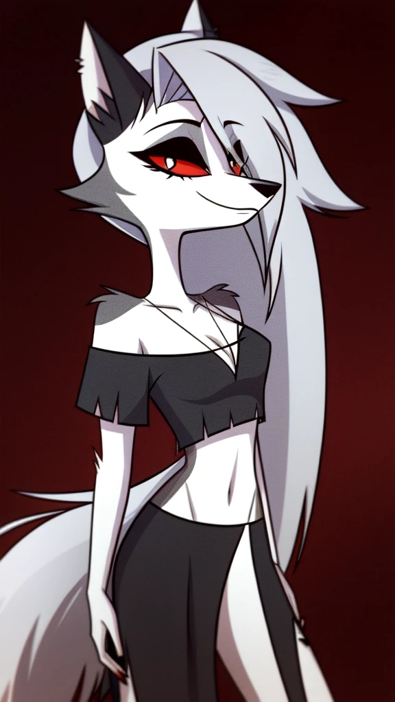 (Vivziepop style), anthro, canid, canid demon, demon, female, hellhound, helluva boss, instagram, (loona), mammal, midriff, official art, red sclera, safe content, shoulderless shirt, solo, long grey hair, (by vivzmind), sexy naked, голая грудь, маленькие сиськи