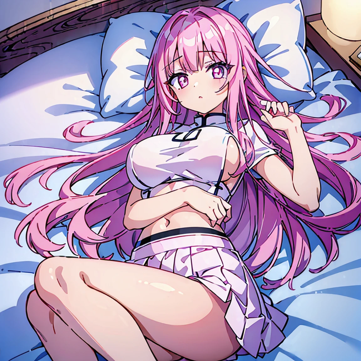 a girl，He has long pink hair，Pretty pink pupils，有一双White兔耳朵，Big breasts，good body shape，White毛衣，pink skirt，Whitening long legs，high resolution，high quality，Whitening hands，shy eyes，Put a hand on your chest，Lying in bed，White